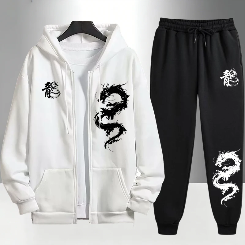 Men'S Fashion Zipper Hoodie - Conjunto Deportivo con Estampado de Dragón