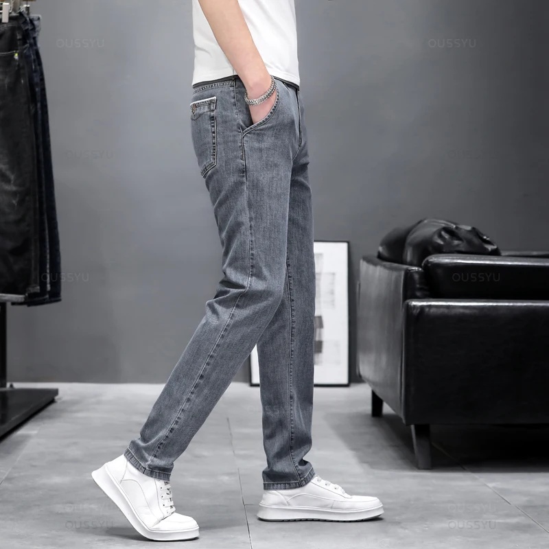 Men'S Fashion Grey Jeans - Pantalones vaqueros ajustados de otoño para