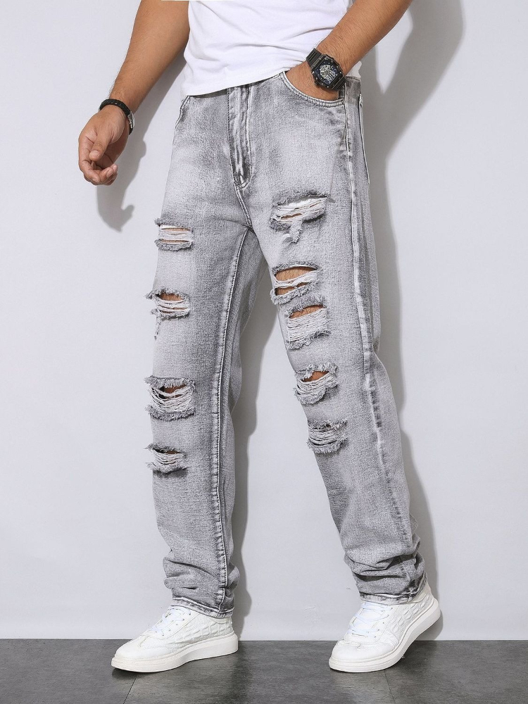 Men'S Fashion Grey Jeans - Pantalones Vaqueros Grises Desgastados para Hombre,
