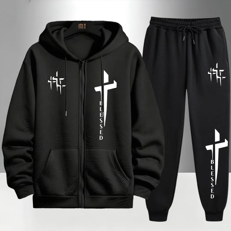 Men'S Fashion Zipper Hoodie - Conjunto Deportivo con Estampado Cross Blessed